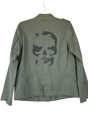 Zadig & Voltaire Vedam Bis Military Green Skull Cotton Utility Jacket Flaws Sz L